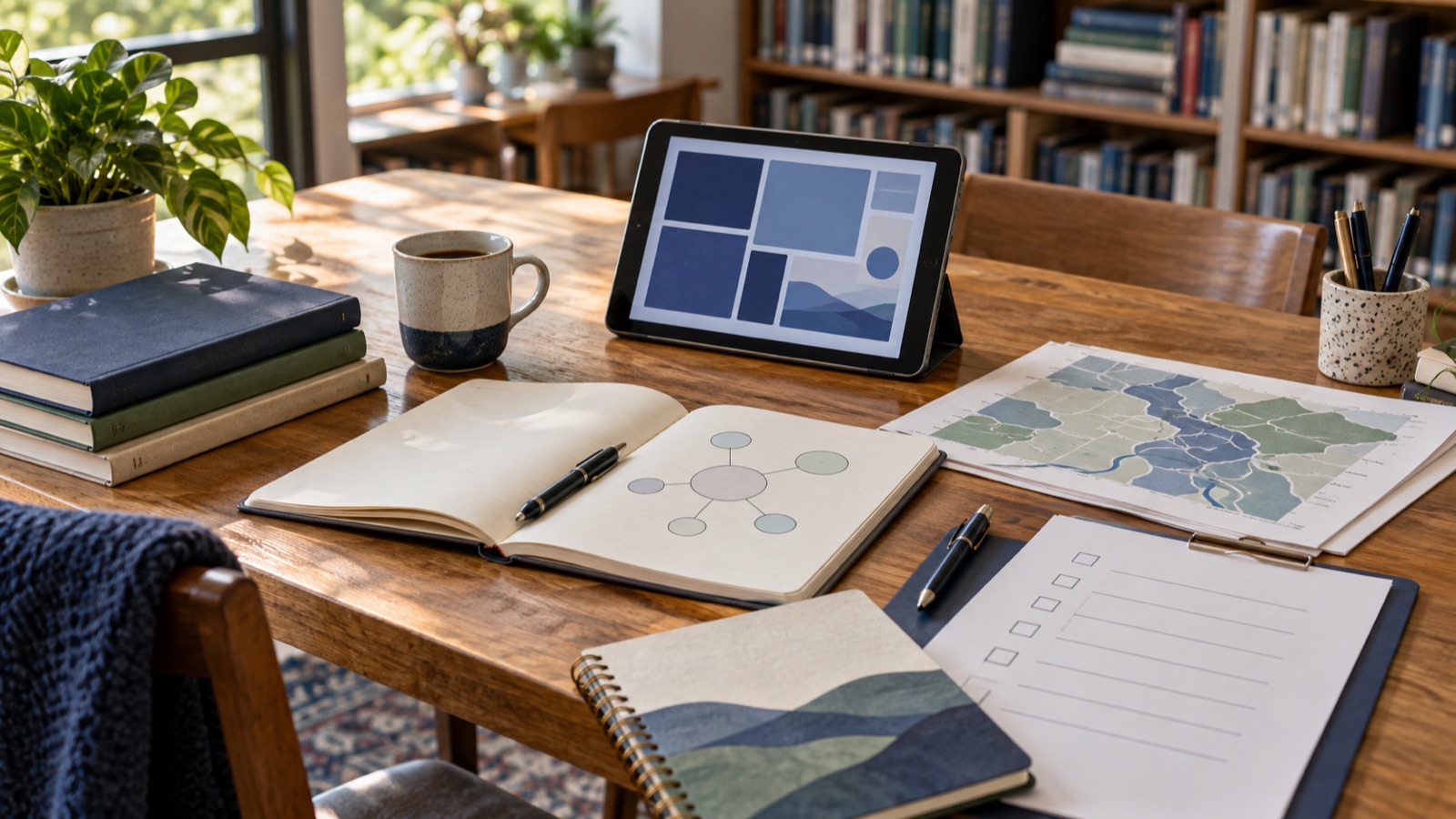 A study table with books, notebooks and a tablet